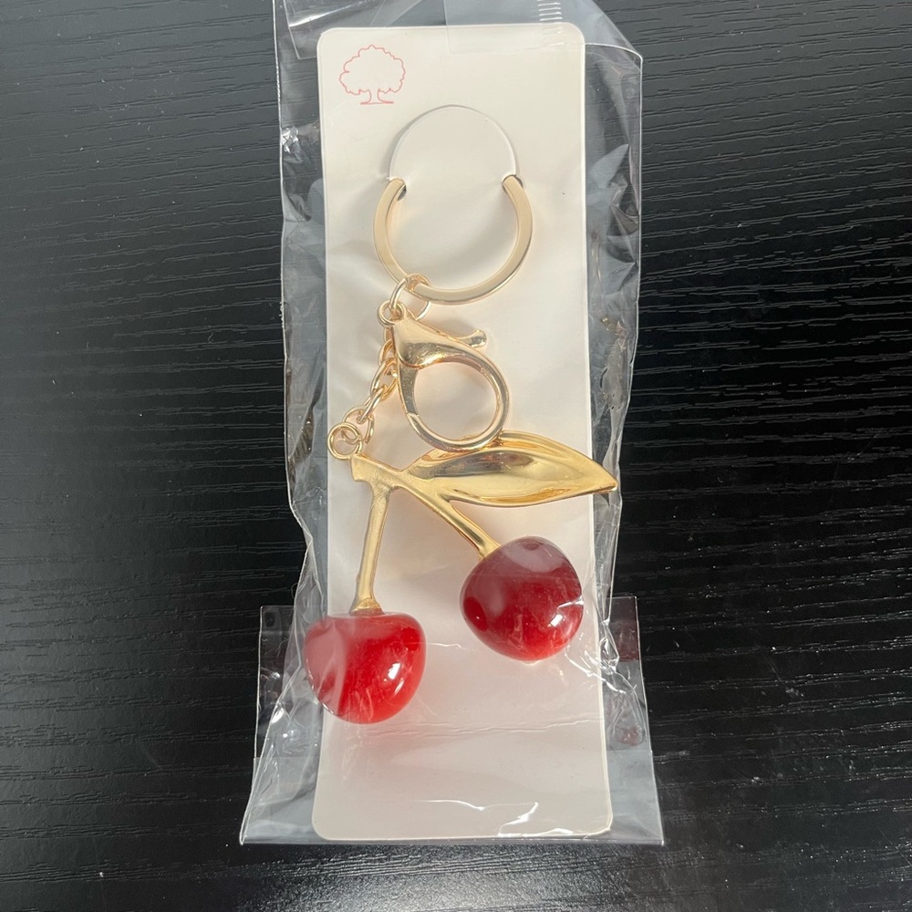 Cherry Keychain with Gold Leaf Accent
